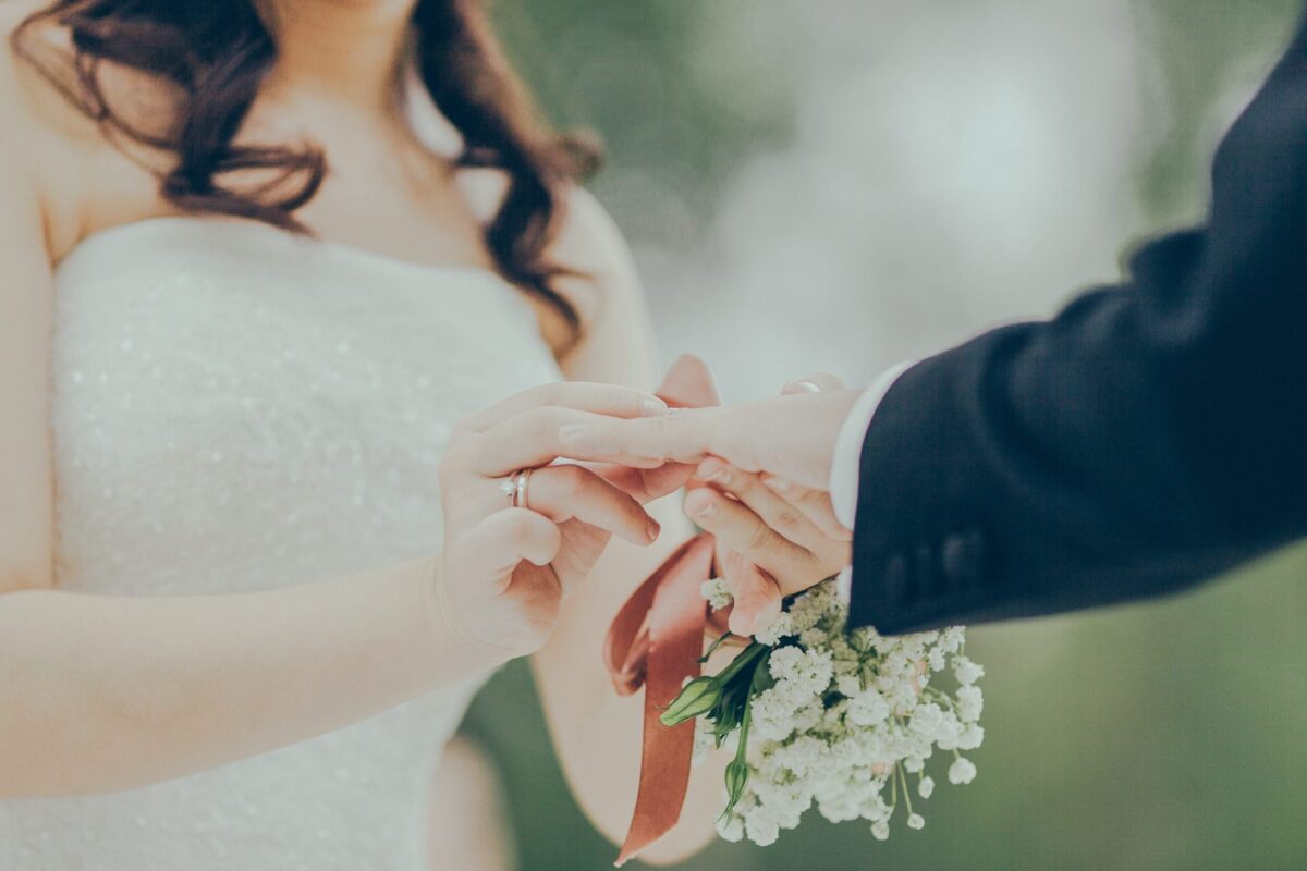 woman giving wedding ring to man