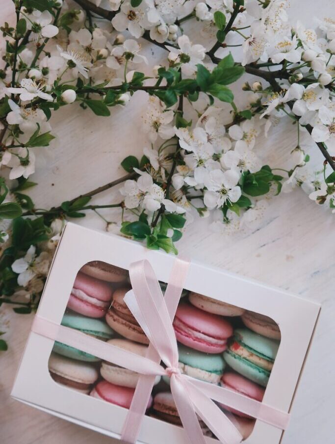 French macarons in white box