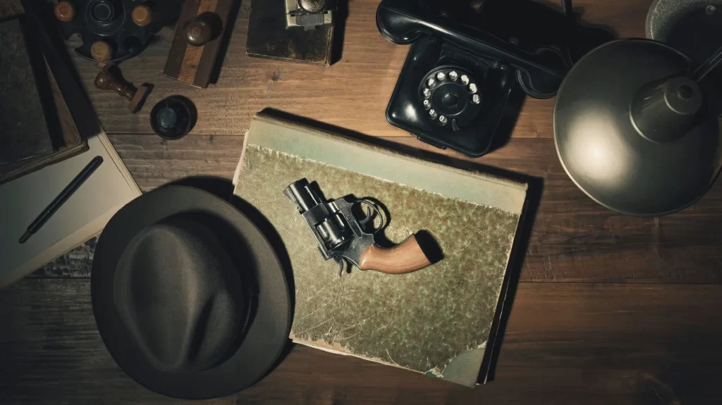 Klobouk, revolver, sešit, telefon a lampa - zátiší z výšky