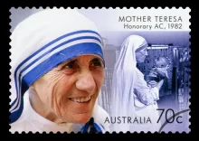 Portrét Matky Terezy s dítětem na poštovní známce vydané v Austrálii