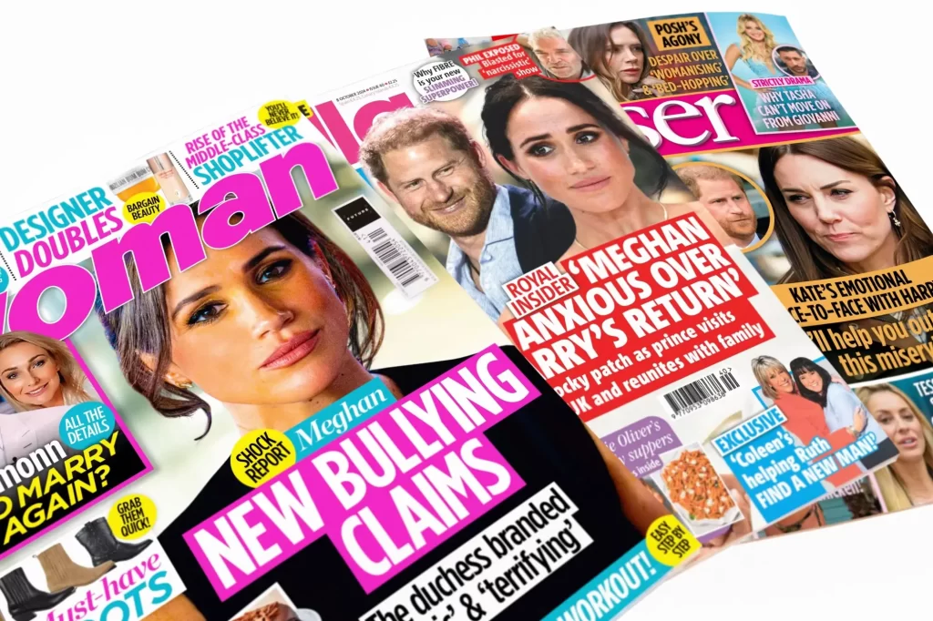 Fotografie několika bulvárních titulních stran britských časopisů, které se věnují Meghan Markle a princi Harrymu.