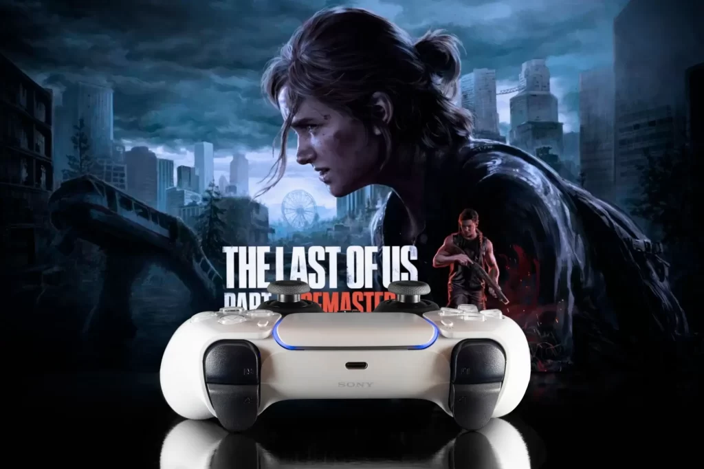 Bílá hrací konzole a za ní titulní náhled Last of Us