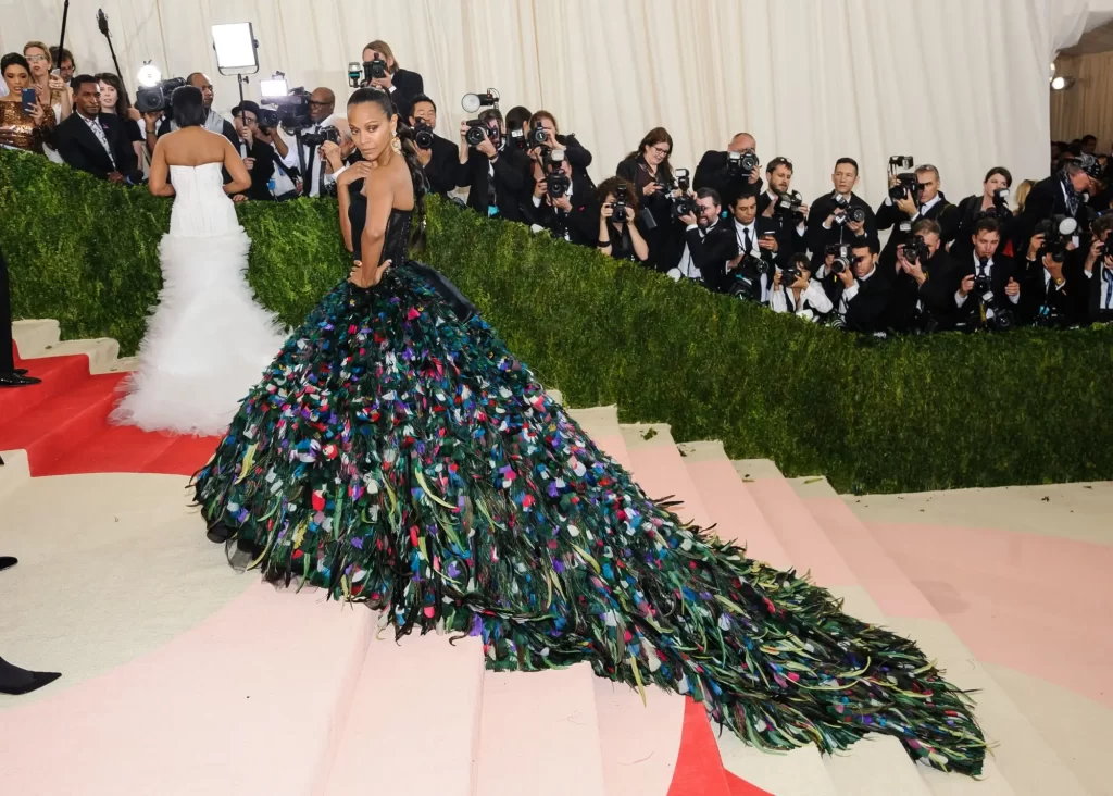 RIhanna pózuje v dramatických šatech s obrovskou vlečkou, která je celá pokrytá barevnými ptačími pery.