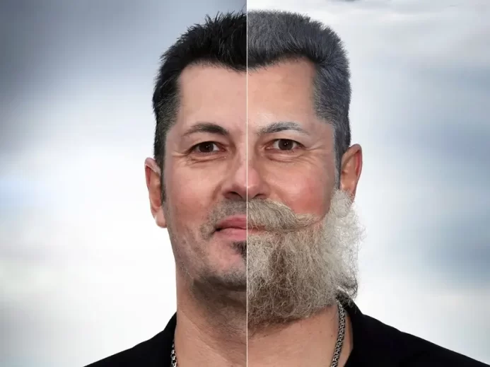 Mladý muž, na jedné straně s make-upem staříka