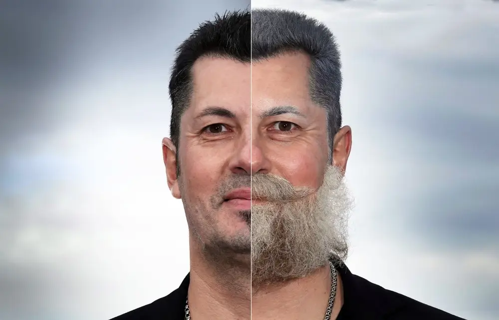 Mladý muž, na jedné straně s make-upem staříka