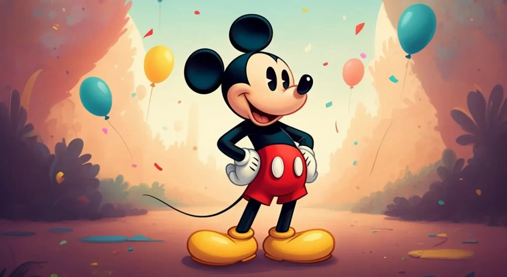Digitální ilustrace Mickeyho Mouse stojícího mezi balónky a konfety