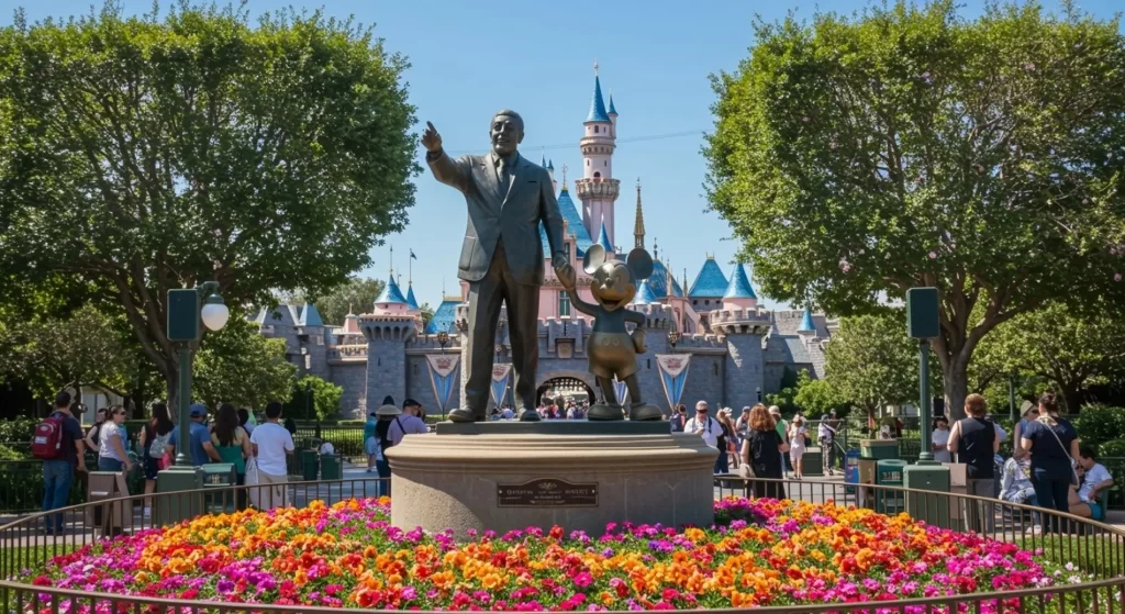Bronzová socha Walta Disneyho s Mickey Mousem před hradem v Disneylandu