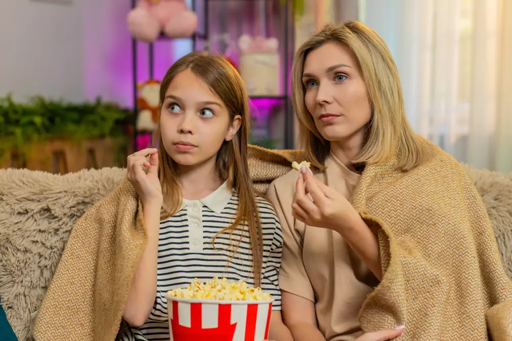 Matka s dcerou společně sledují televizi s popcornem a přikryté dekou