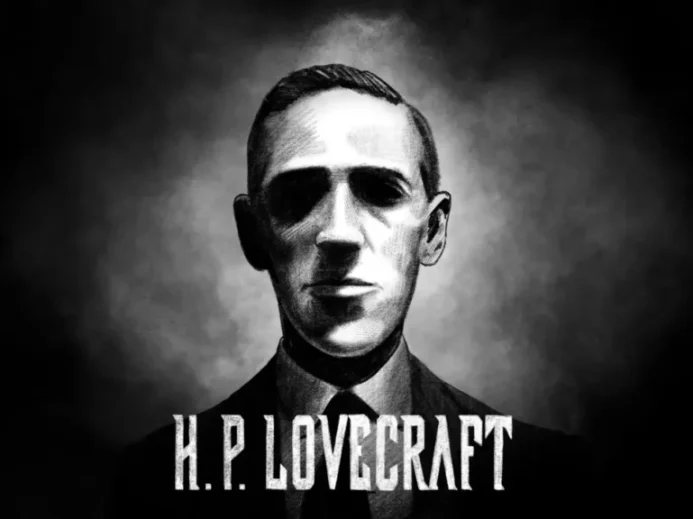 Stylizovaný černobílý portrét H. P. Lovecrafta v temném dýmu