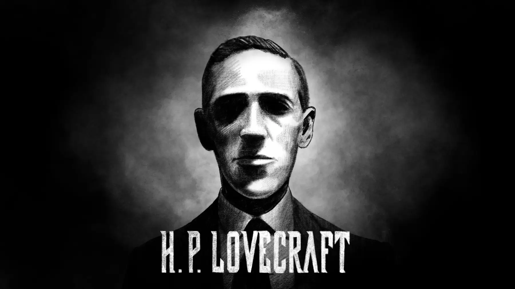 Stylizovaný černobílý portrét H. P. Lovecrafta v temném dýmu