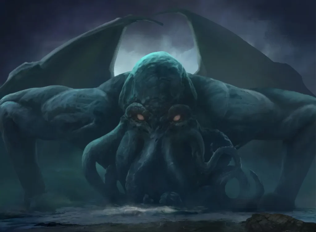 Obří chapadlovité monstrum Cthulhu vynořující se z temného oceánu