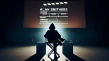 Silueta režiséra v kinosále před projekcí se jménem Alan Smithee na plátně