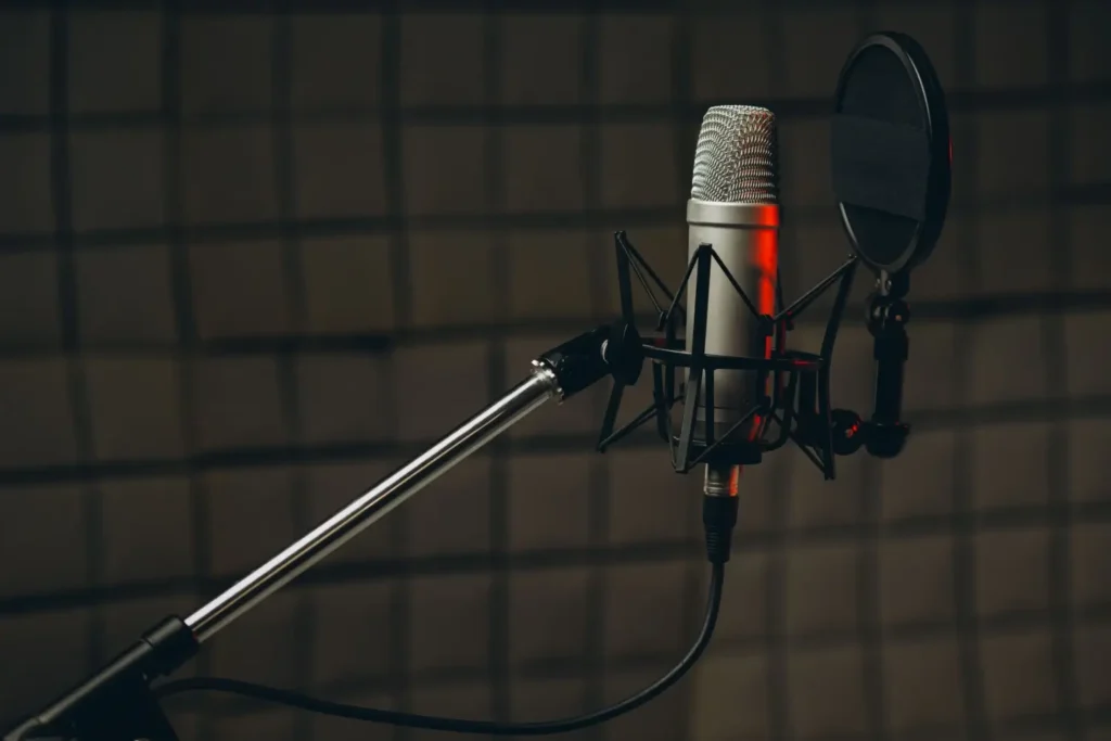 Detailní záběr studiového mikrofonu