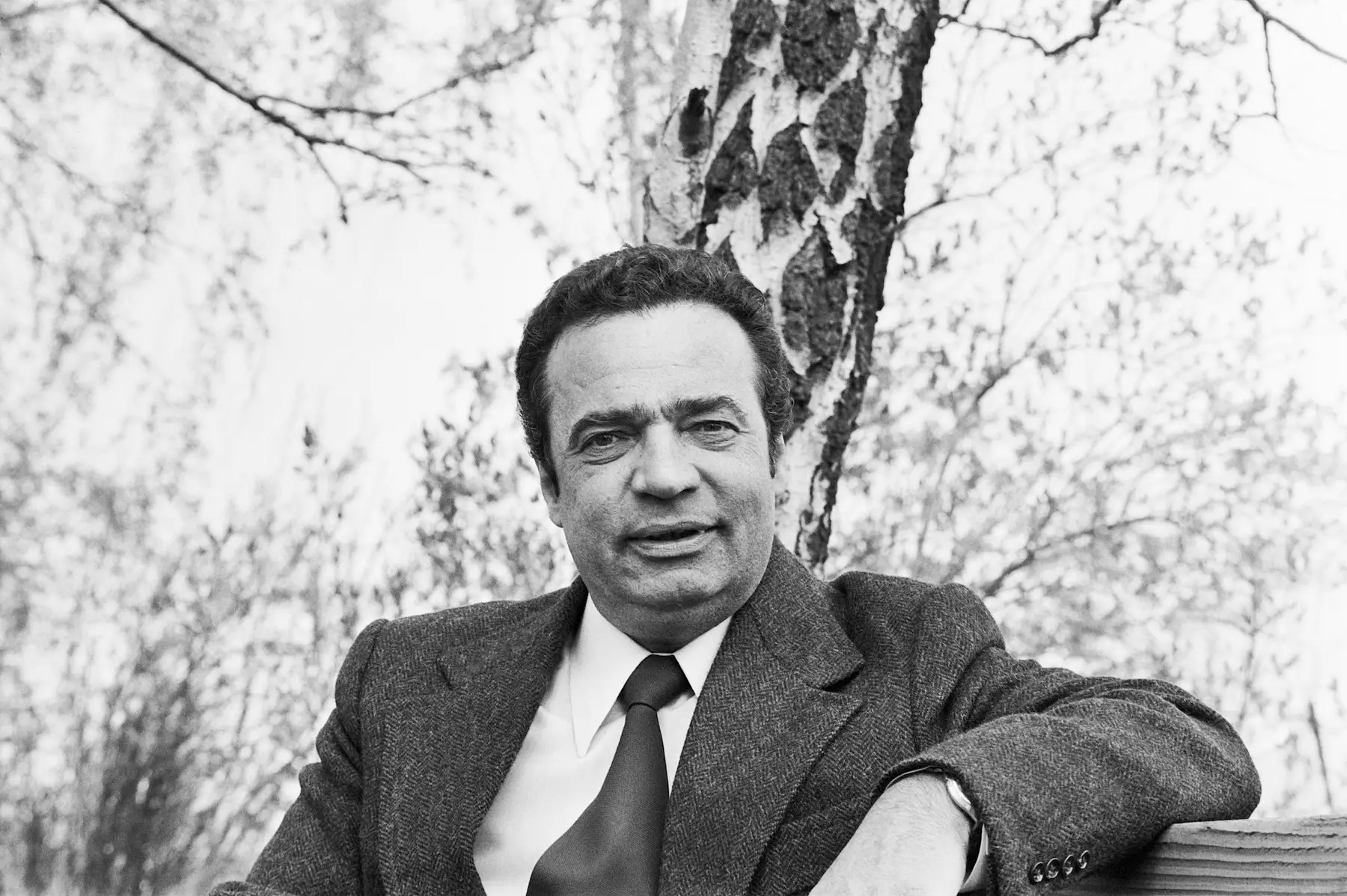 Černobílý portrét Vladimíra Menšíka v saku a kravatě, opřeného o lavičku pod břízou,