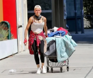 Bývalá modelka Loni Willison kráčí po ulici v Los Angeles s nákupním vozíkem