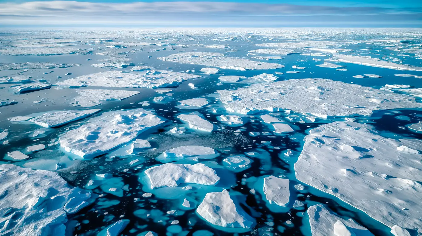 Velké a malé ledovce plují po oceánu