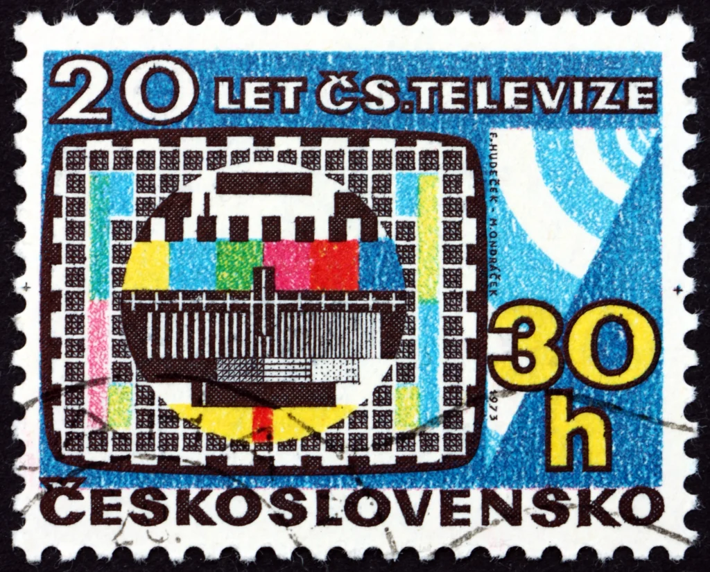 Poštovní známka v hodnotě 30 haléřů, na ní je nápis 20 let. čs. televize a vyobrazený monoskop
