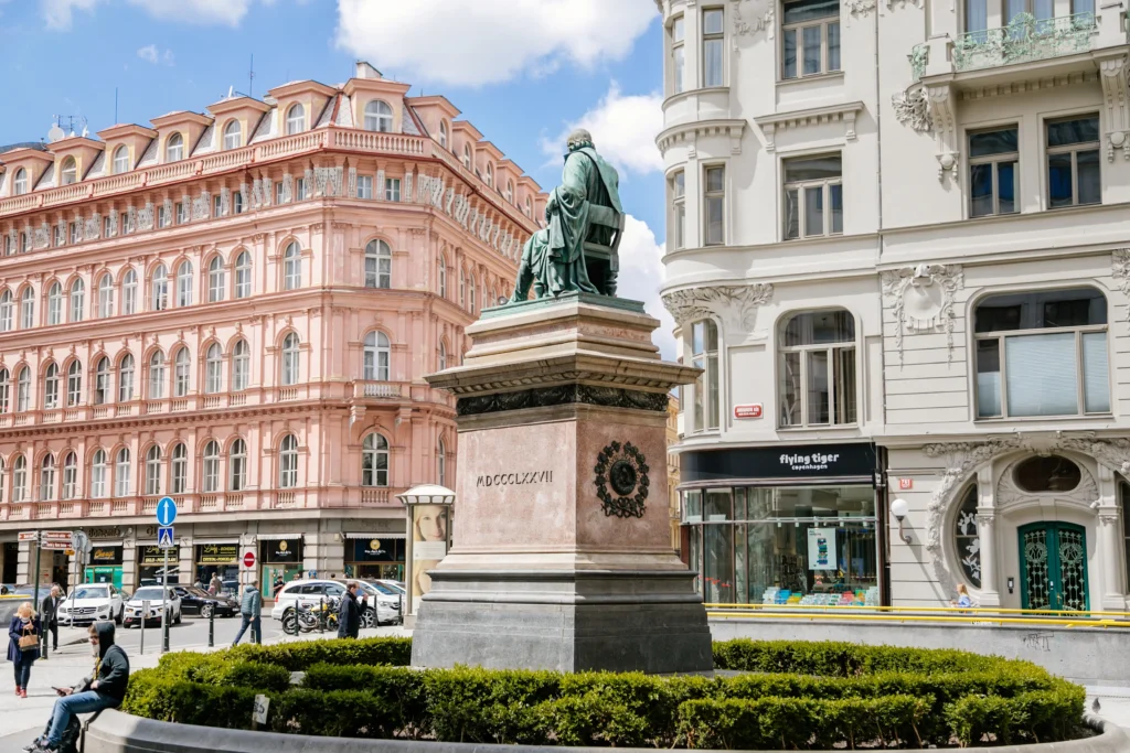 shutterstock_1775010848 - VIPshow Bronzový pomník Josefa Jungmanna, otce "moderní češtiny" tvoří dominantu Jungmannova náměstí v Praze 1