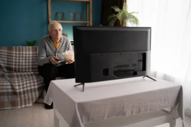 Starý muž sedí na gauči pokrytém károvanou dekou a dívá se na televizi. Jí popcorn