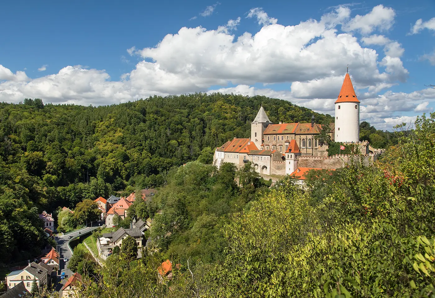 Záběr na český hrad za letního slunečného dne, který je obklopený lesy