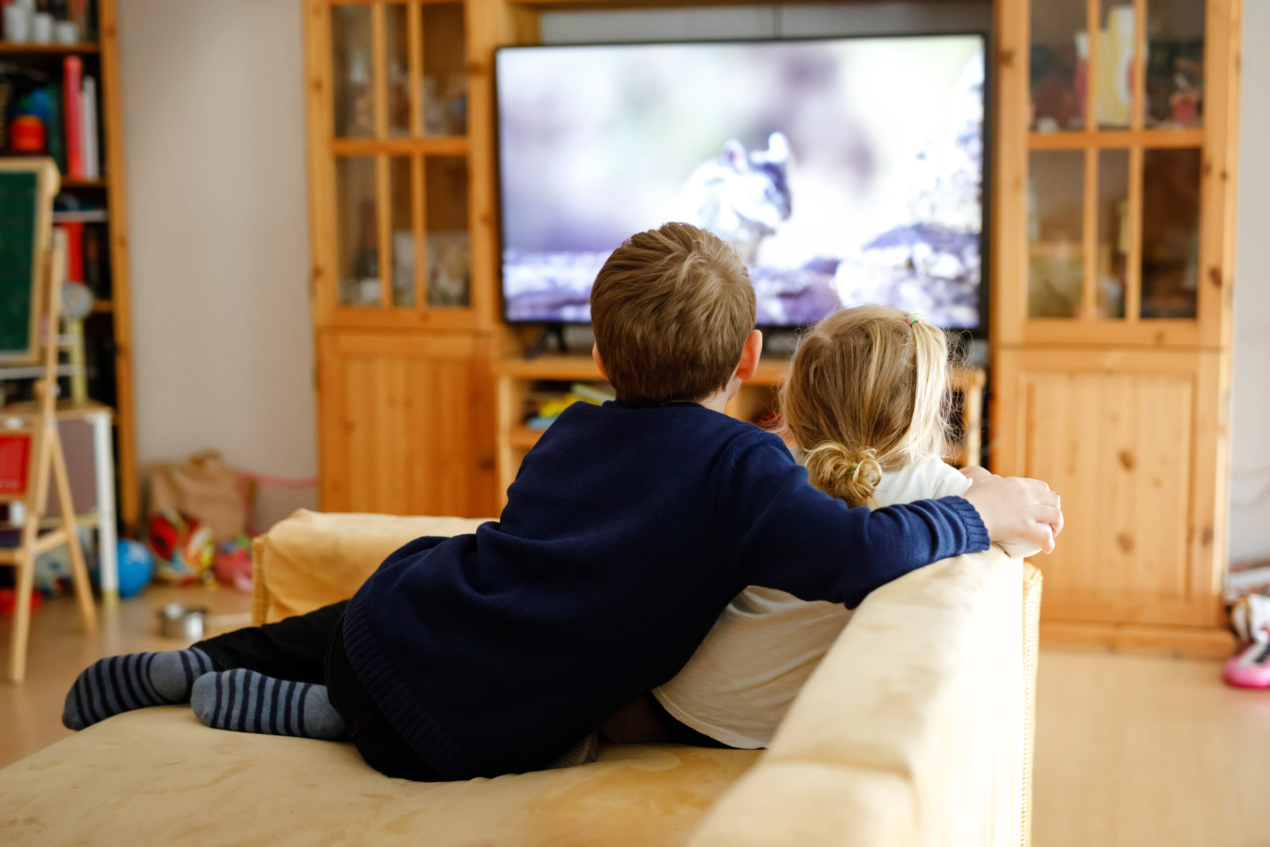 CuteLittleToddlerGirlAndSchoolKidBoyWatchingAnimal - VIPshow děti sledující televizi