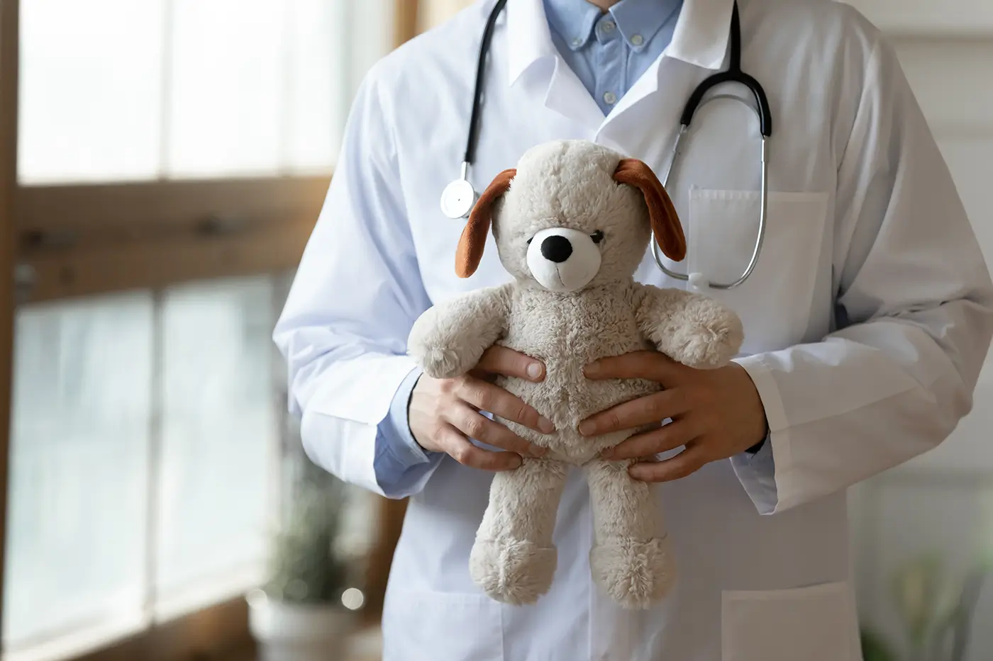 shutterstock_2365608101 - VIPshow Doktor v bílém plášti se stetoskopem drží v ruce plyšového pejska
