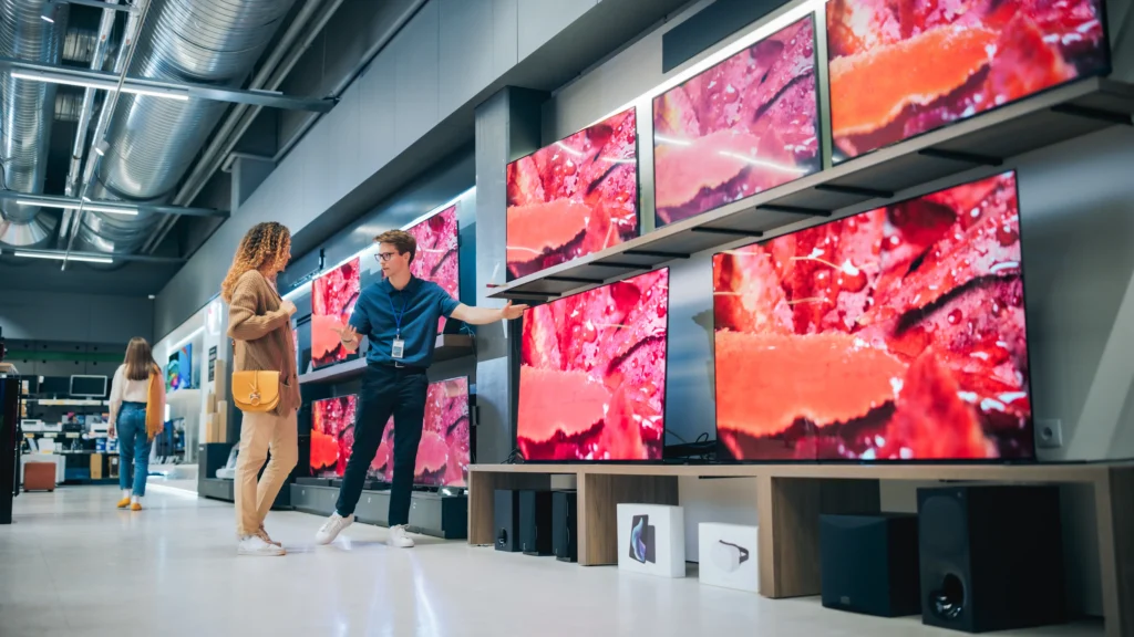 shutterstock_2434354965 - VIPshow Člověk si v obchodě vybírá novou televizi