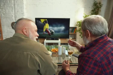 Dva starší muži sedí před televizí a sledují fotbal