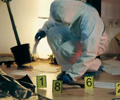 Člověk v bílém obleku sbírá očíslované důkazy ležící na zemi